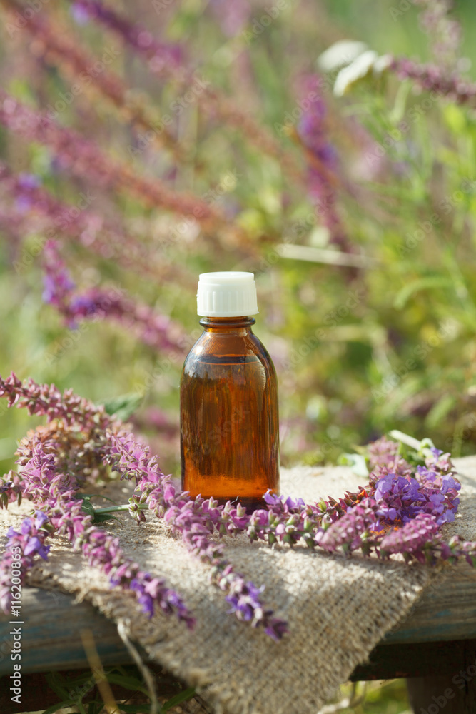 sage oil container and sage flowers sage oil container and sage flowers