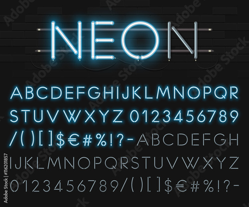 Realistic neon alphabet on a background of black brick wall. Blue glowing font. Vector format