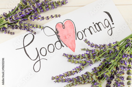 Good morning card with lavender on a table