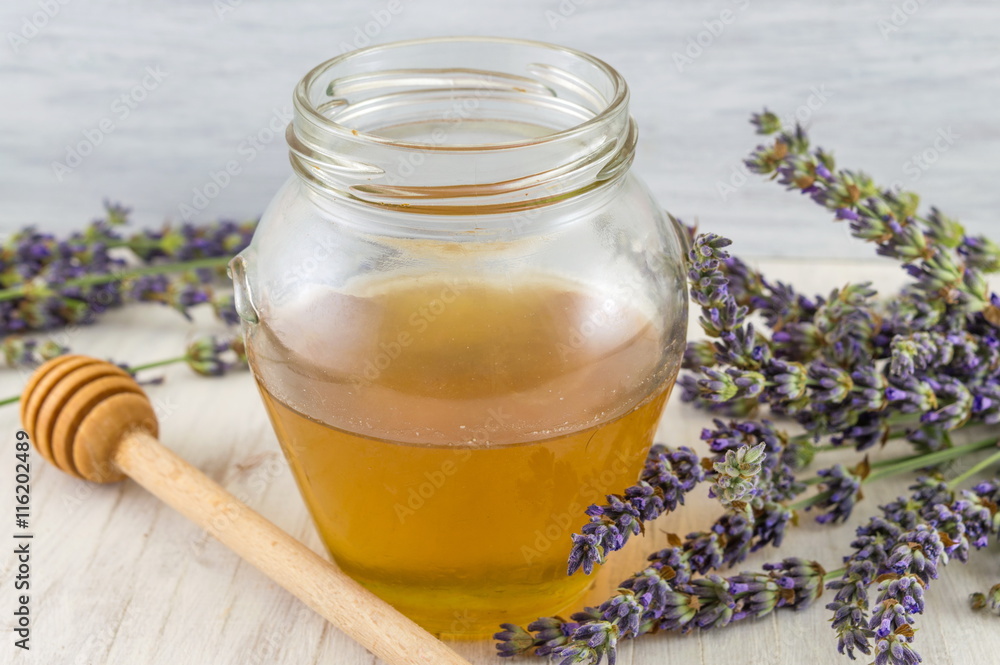 Lavender flowers and jar of honey Lavender flowers and jar of honey