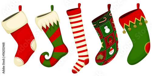 Vector illustration of a variety of hanging Christmas stockings.
