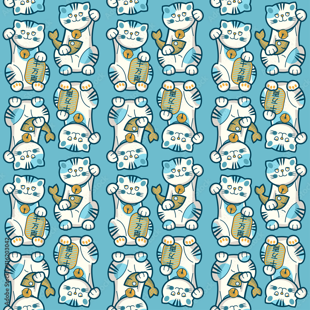 Fototapeta premium Traditional japanese lucky cat with fish. Maneki-neko. Seamless background pattern. Vector illustration