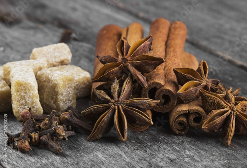 Spices for mulled wine and pastries - cinnamon, carnation, anise