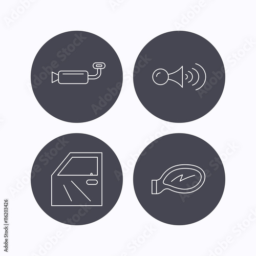 Car door, muffler and klaxon signal icons.