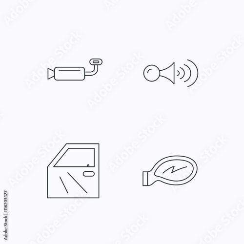 Car door, muffler and klaxon signal icons.