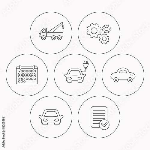 Electric car, evacuator and transport icons.