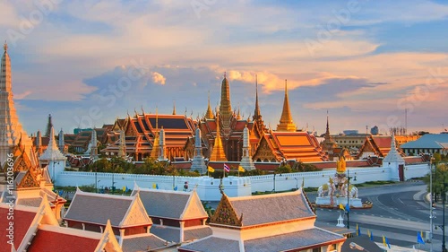 Wat Phra Kaeo Famous Landmark Temple Of The Emerald Buddha, Bangkok City, Thailand 4K Time Lapse (high view zoom in)