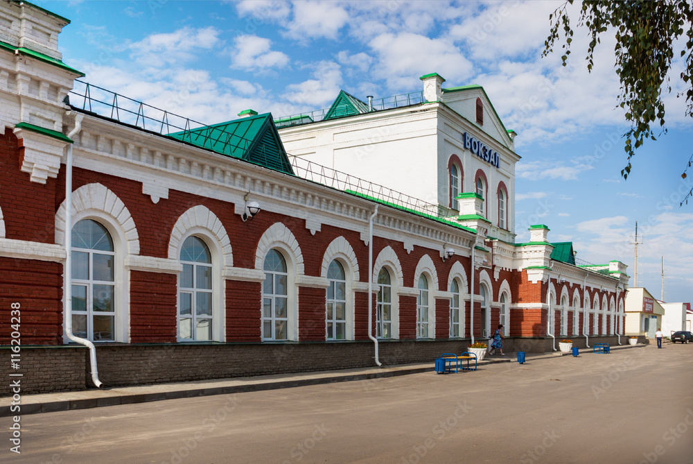 The station building at the train station in Lukoyanov, Russia
