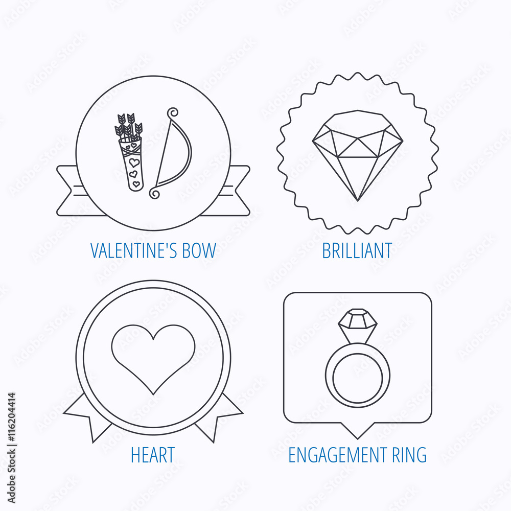 Love heart, brilliant and engagement ring icons. Love heart, brilliant and engagement ring icons.