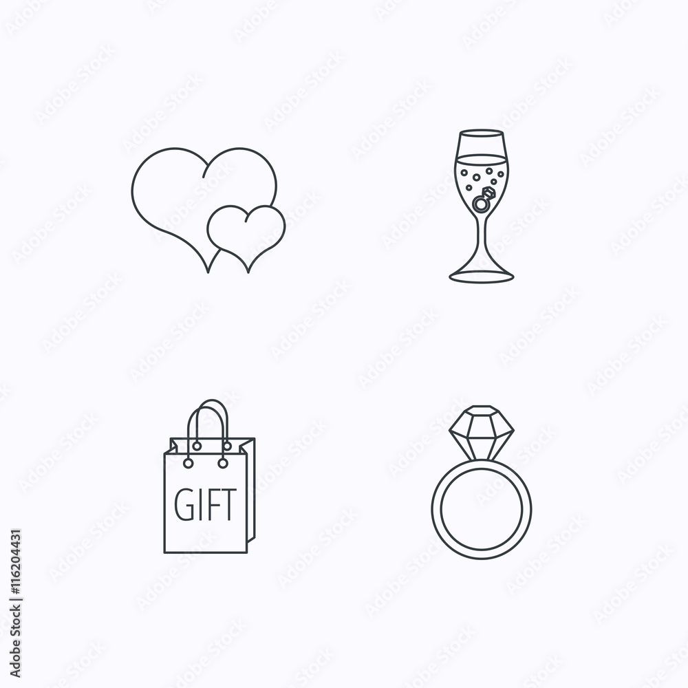 Love heart, gift bag and wedding ring icons. Love heart, gift bag and wedding ring icons.