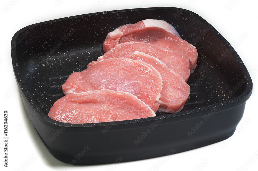 Five slices of meat on the frying pan. Five slices of meat on the frying pan.