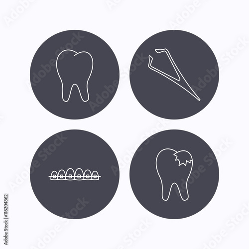Dental braces, fillings and tooth icons.