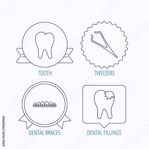 Dental braces, fillings and tooth icons.
