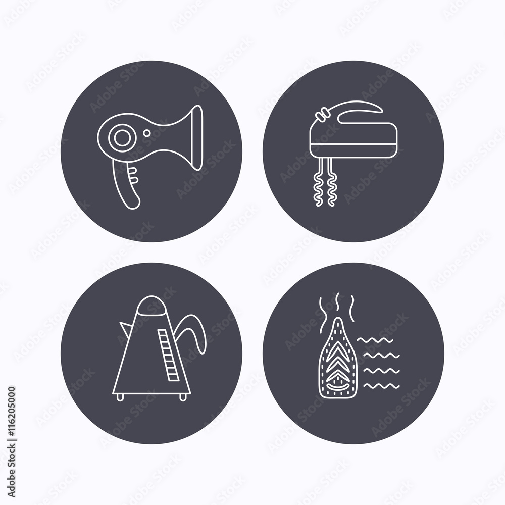 Steam ironing, kettle and blender icons. Steam ironing, kettle and blender icons.