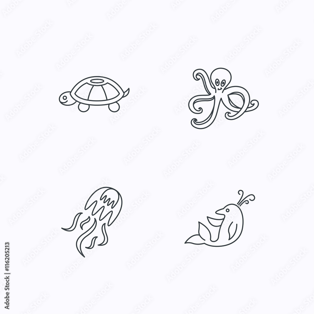 Octopus, turtle and dolphin icons. Jellyfish.