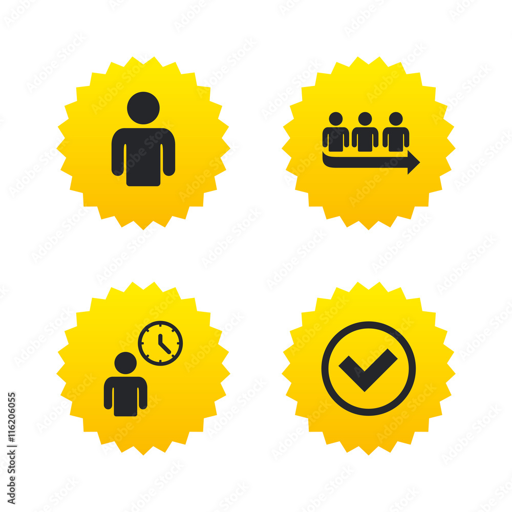 Queue icon. Person waiting sign. Check and time. Queue icon. Person waiting sign. Check and time.