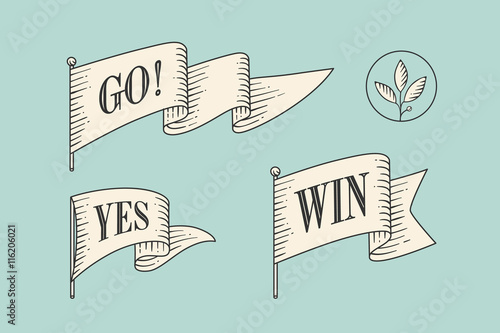 Set of old vintage flag with linear drawing of rays and text on flag Go, Yes, Winner. Vintage drawing flag in engraving style. Hand drawn design element. Vector Illustration