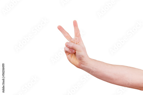 male hand gesturing victory sign