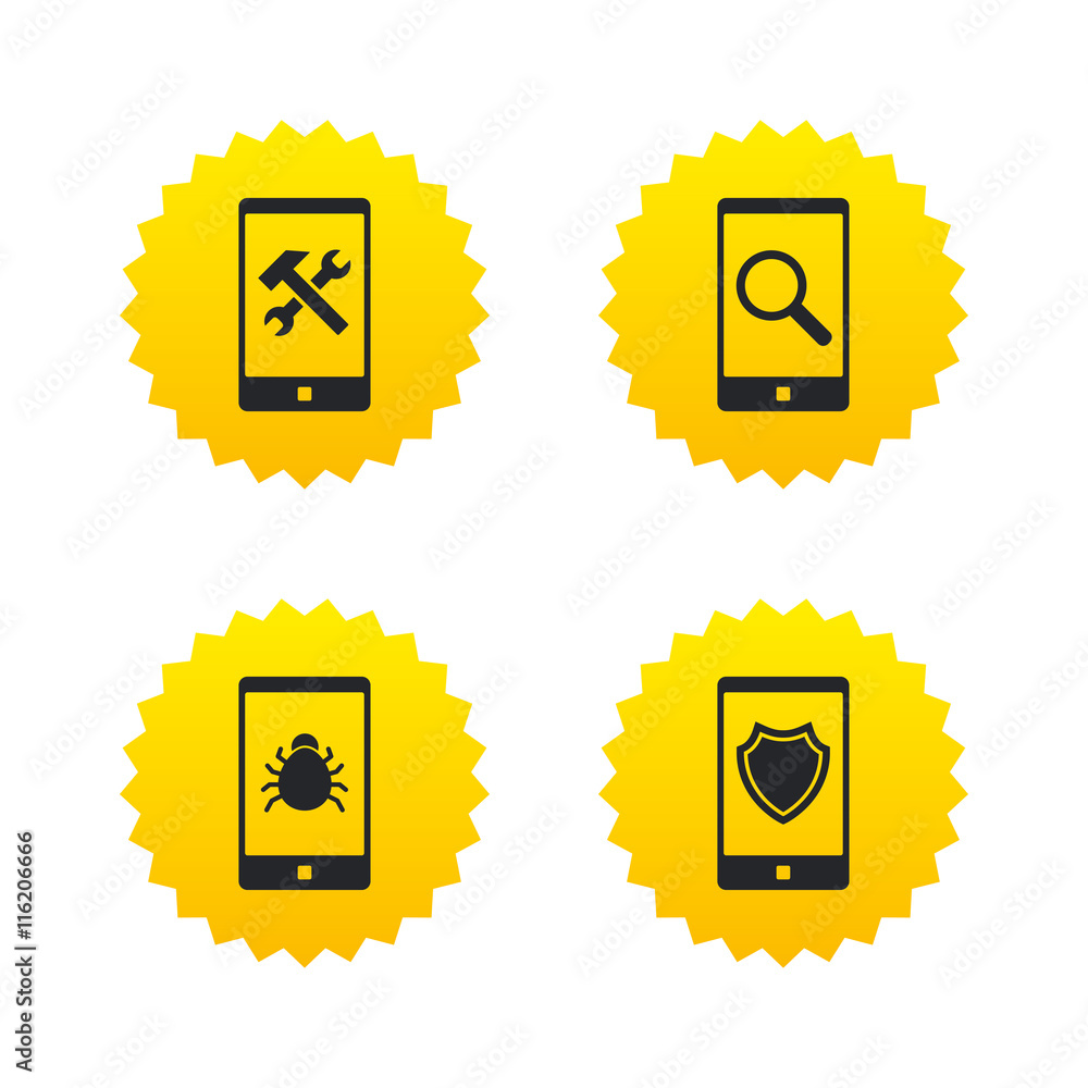 Smartphone icons. Shield protection, repair, bug Smartphone icons. Shield protection, repair, bug