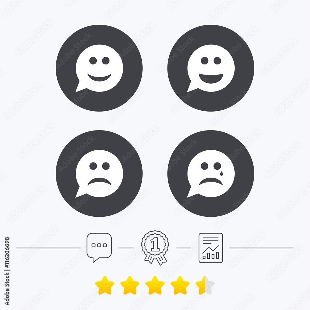 Speech bubble smile face icons. Happy, sad, cry. Speech bubble smile face icons. Happy, sad, cry.