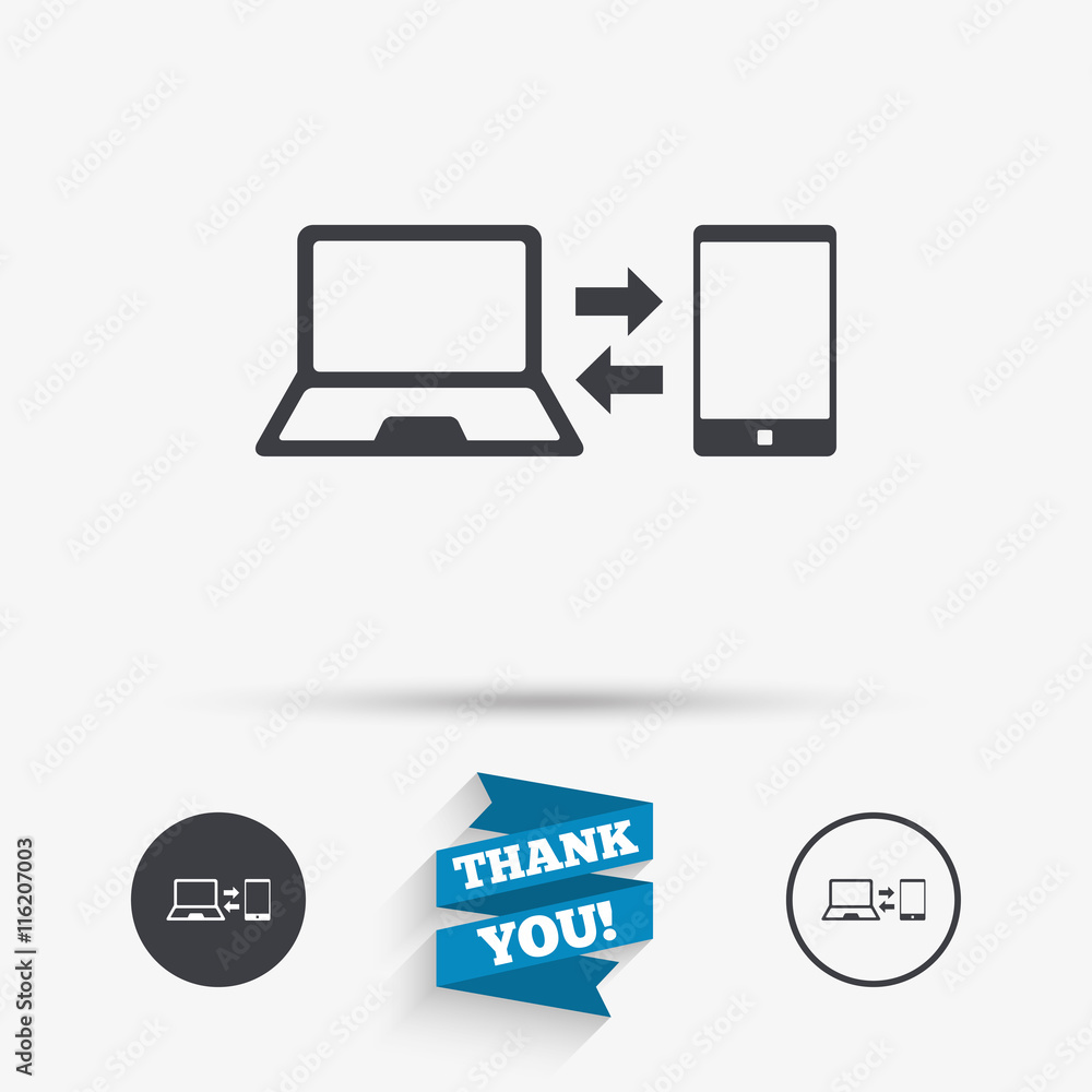 Synchronization icon. Notebook with smartphone. Synchronization icon. Notebook with smartphone.