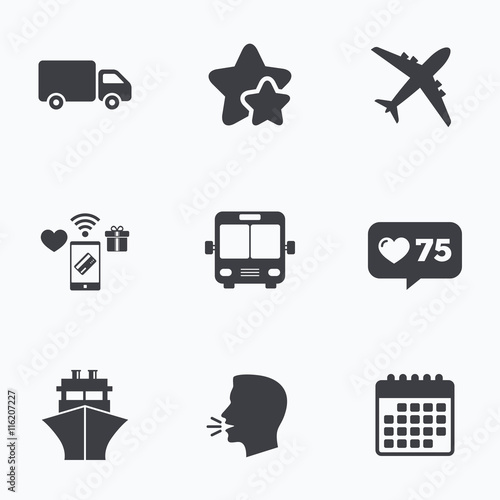 Transport icons. Truck, Airplane, Bus and Ship.