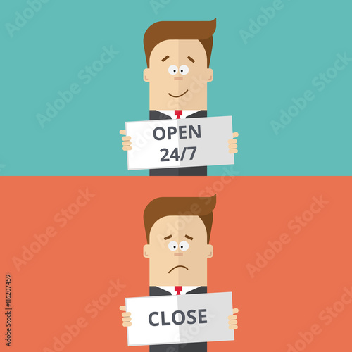 businessman or manager held in the hand work schedule. The plate is open  closed. A man in  business suit with  tie. Joyful and sad . Cartoon illustration of  flat style.