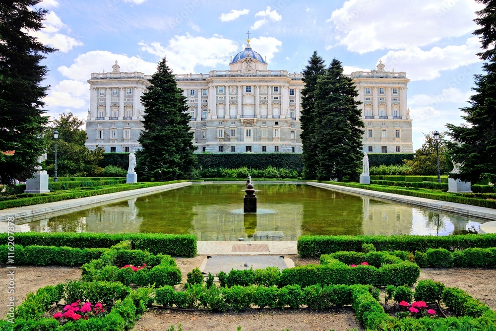 View of the Royal Palace of Madrid through the gardens, Spain