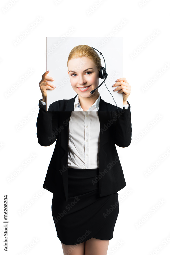 Geschäftsfrau hält Schild mit einem Business-Portrait vor dem Gesicht Geschäftsfrau hält Schild mit einem Business-Portrait vor dem Gesicht