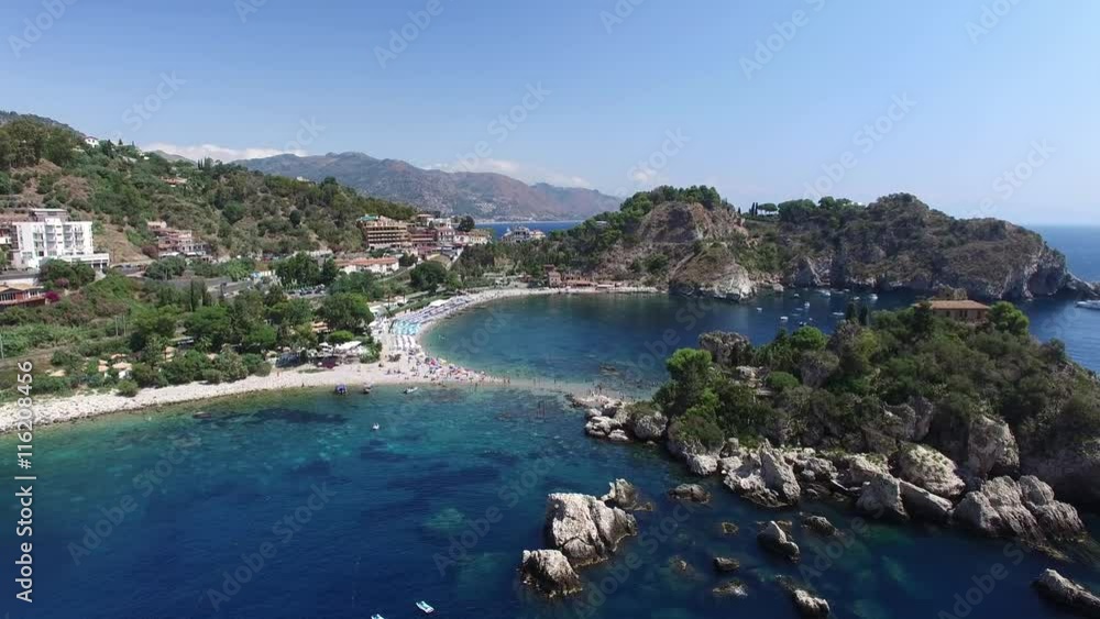Aerial View of beach and island Isola Bella at Taormina, Sicily Aerial View of beach and island Isola Bella at Taormina, Sicily