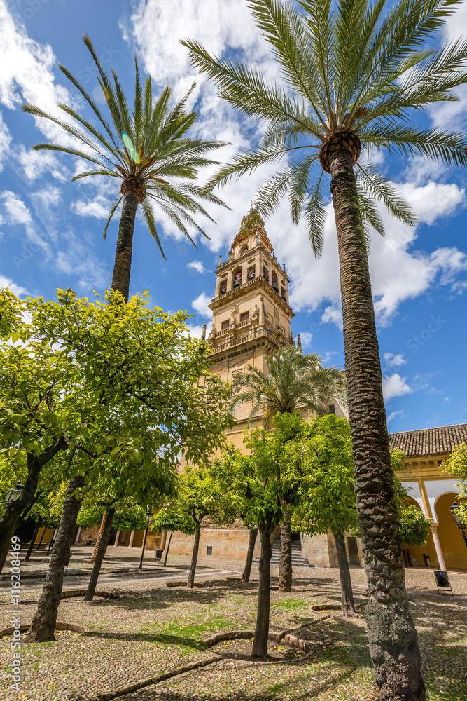 The bell tower Alminar and former minaret, also known as the courtyard of orange trees, of Mosque of Cordoba converted to a Cathedral in the 1500 in Andalusia, Spain.