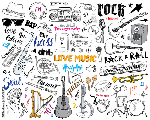 Music Instruments Set. Hand Drawn Sketch, Vector Illustration Isolated.