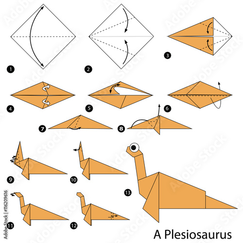 step by step instructions how to make an origami dinosaur.