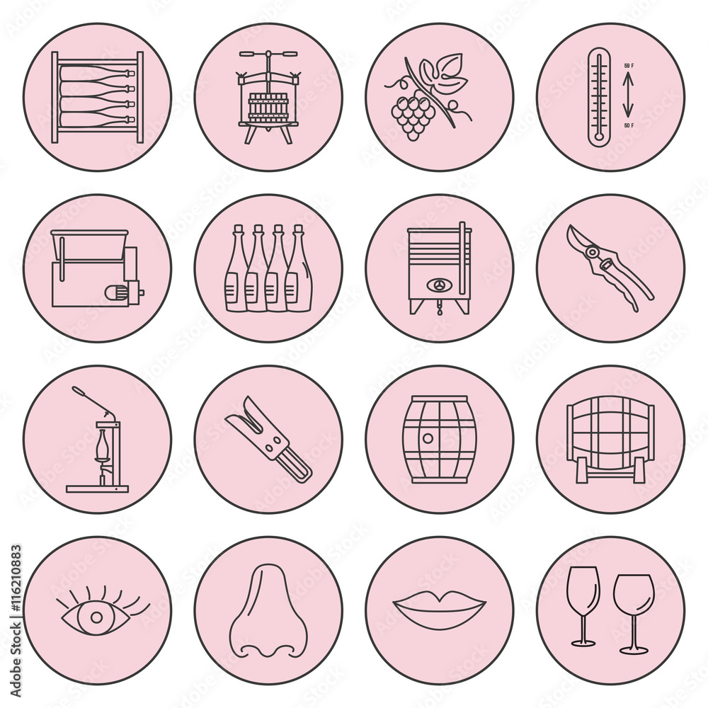 Set of winemaking and wine tasting icons in modern thin line style ...