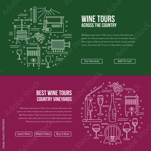 Vector website banner landing page template with buttons. Design elements of grape cultivation, wine making, alcoholic beverage sales and wine tasting. Isolated winery symbols in flat, thin line style