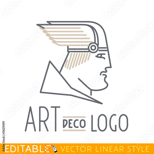Man in winged helmet. Head of Greek or Viking god. Thin line icon. Logo template. Editable vector graphic in linear style.