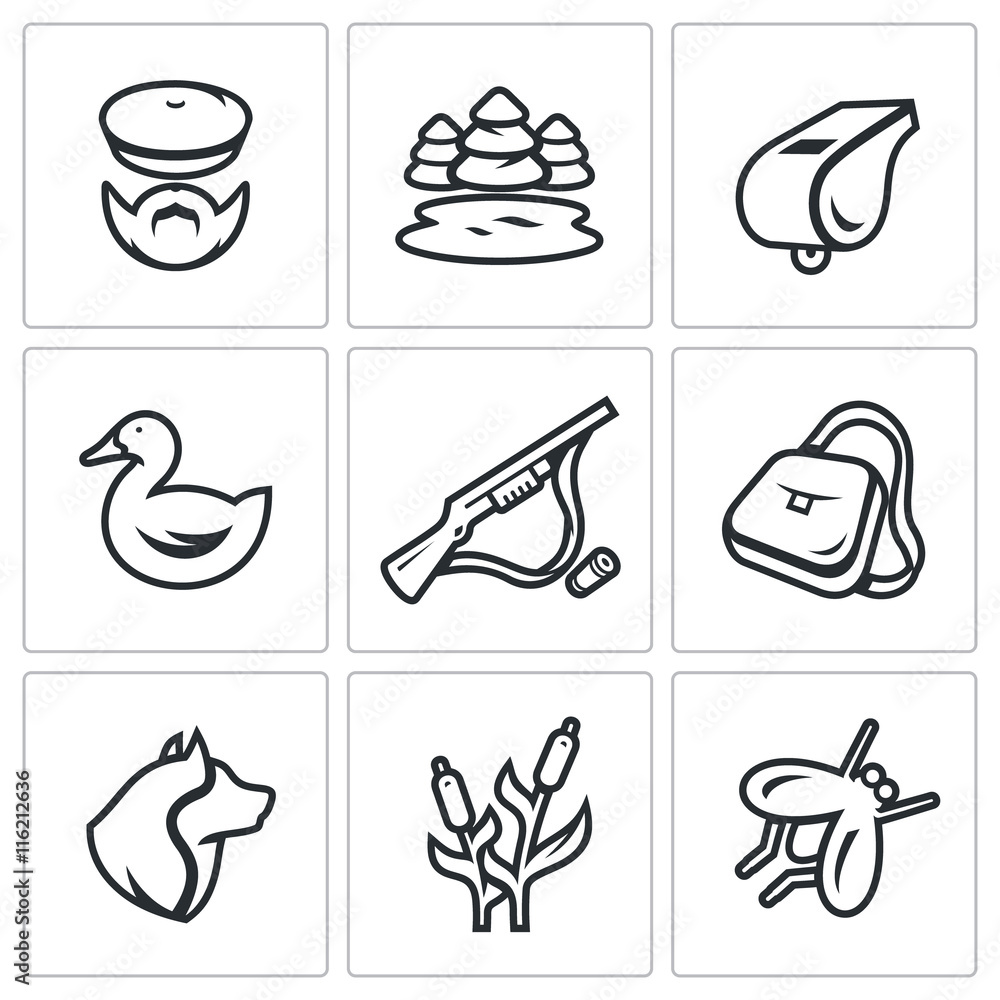 Vector Set of Hunting Icons. Hunter, nature, whistle, duck, rifle, bag, dog, cane, mosquito.