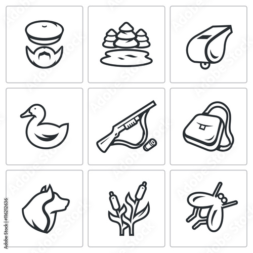 Vector Set of Hunting Icons. Hunter, nature, whistle, duck, rifle, bag, dog, cane, mosquito.