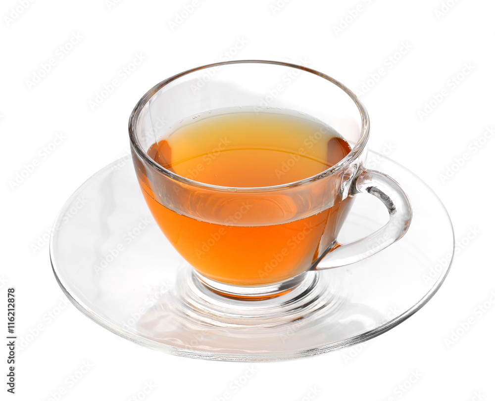 Glass cup of black tea isolated on white background