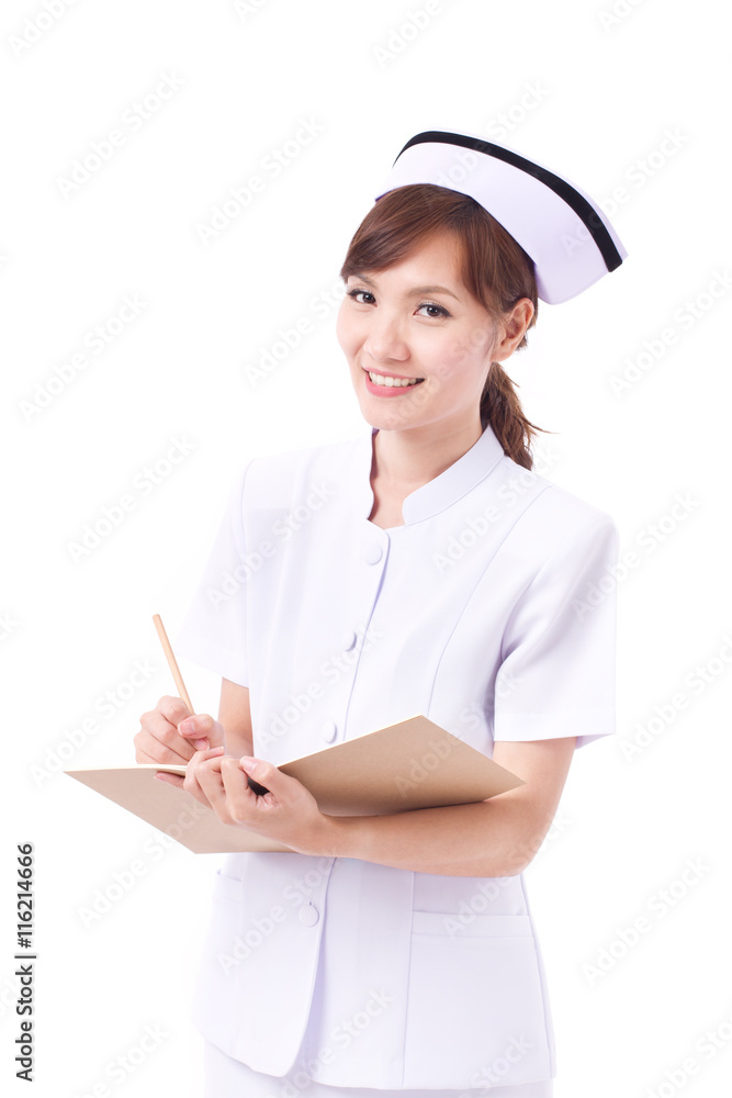 happy, positive nurse with medical record, looking at you happy, positive nurse with medical record, looking at you