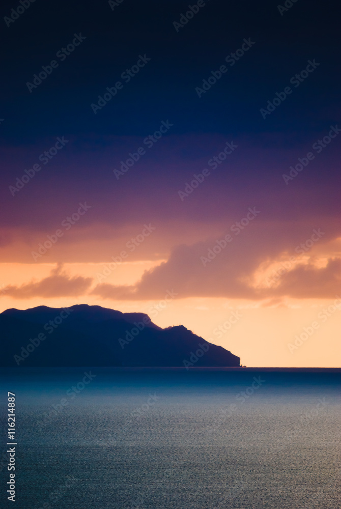 Mysterious sunset over the peninsula Jandia. Fuerteventura. Canary Islands. Spain