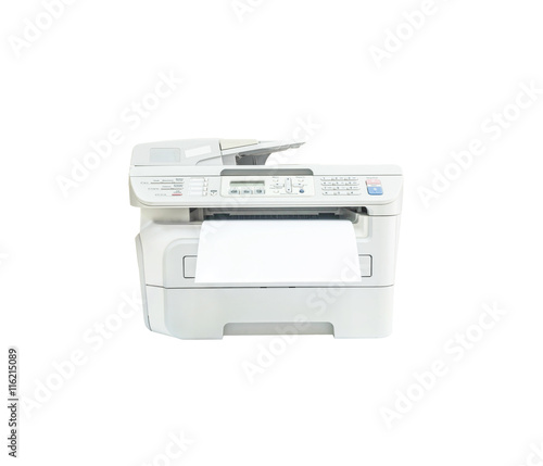 Closeup old white photocopier in the office with white paper , office supplies concept isolated on white background
