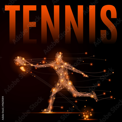 Abstract line tennis player in motion. Silhouette of a man made of lines and points. Polygonal background tennis competitions. Fire style vector illustration.