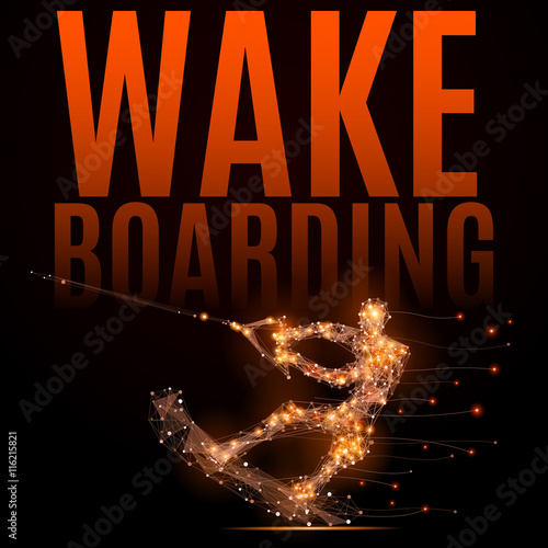 Wakeboarder on a wave in motion. Abstract silhouette of man or girl of glowing lines and points in motion. Imitation fiery athletes body. Vector sport illustration on black background