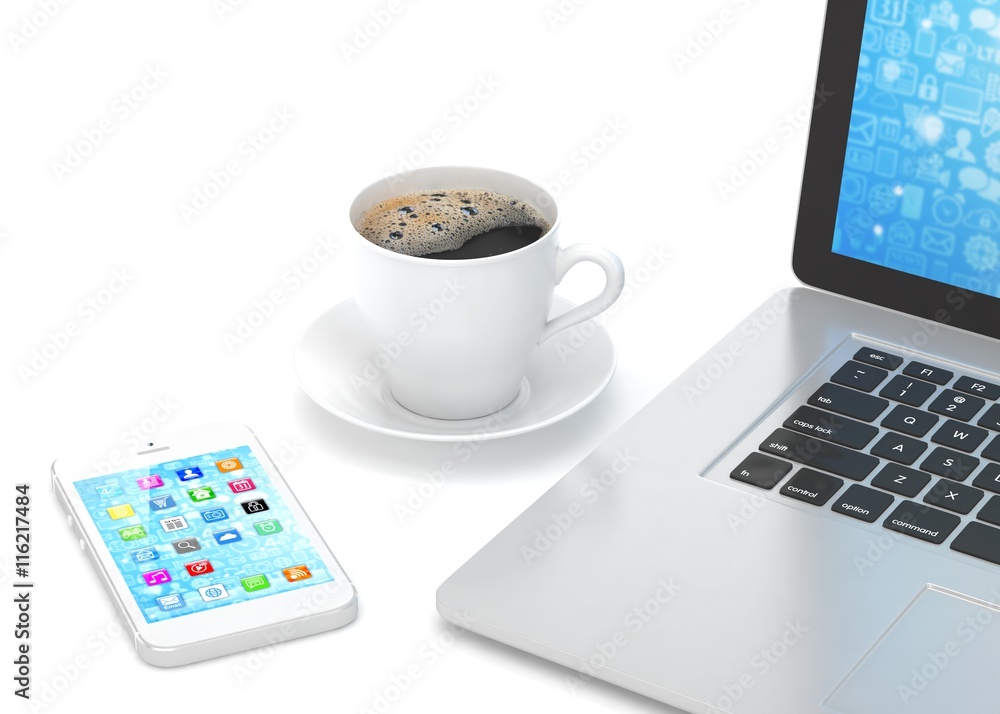 Laptop smartphone and coffee cup on white. 3d rendering. Laptop smartphone and coffee cup on white. 3d rendering.