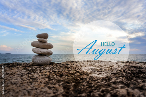 Hello August wallpaper, summer on beach. text with beach background