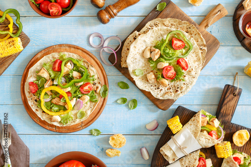 Tortilla with grilled chicken fillet and grilled vegetables