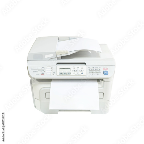 Closeup old white photocopier in the office with white paper , office supplies concept isolated on white background