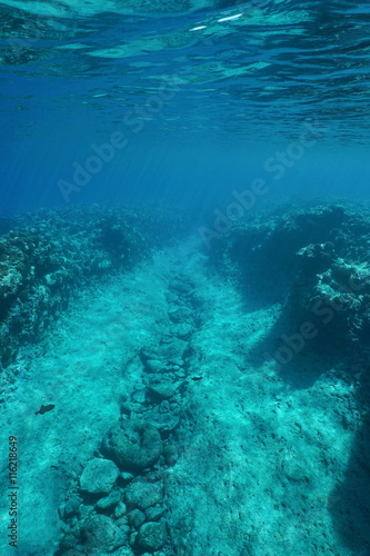 Underwater path carved by the swell into the reef on the ocean floor, Pacific ocean, French Polynesia