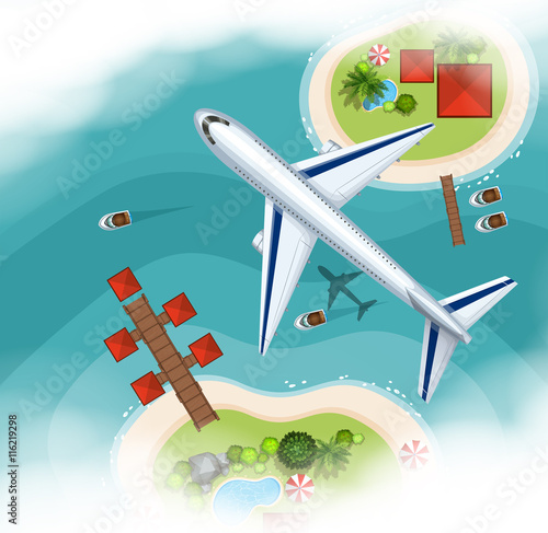 Aerial scene with airplane flying ove the sea